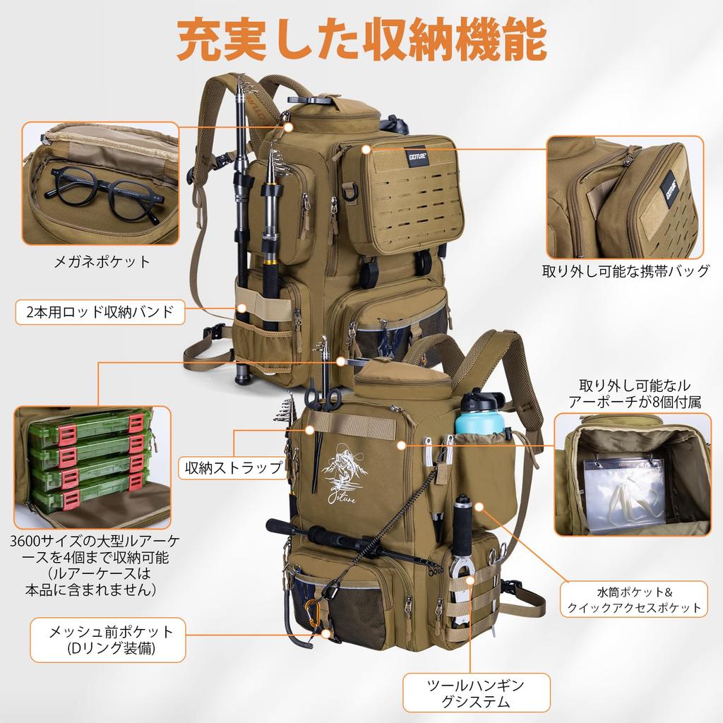 Goture Fishing Backpack, 58L Large Capacity, 900D Oxford Fabric with Water-Repellent Finish, Detachable Shoulder Bag, Expandable Clear Storage Pouch,