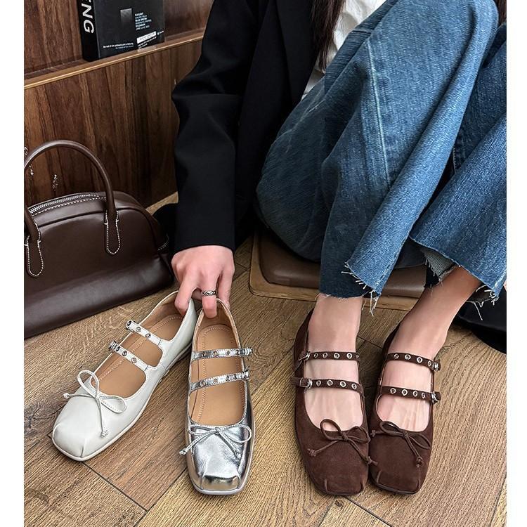 Giant soft bow shallow mouth single shoes 2025 spring sheepskin double breasted bow Mary Jane shoes