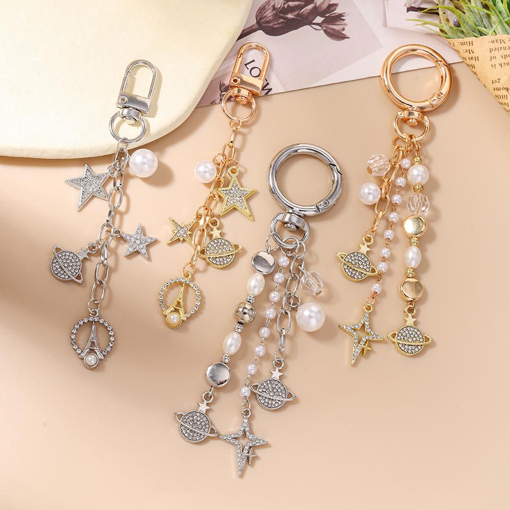 New Rhinestones Star Keychain Pearl Beaded Key Ring Pendants for Women Girls Handbag Decor DIY Handmade Jewelry Gifts