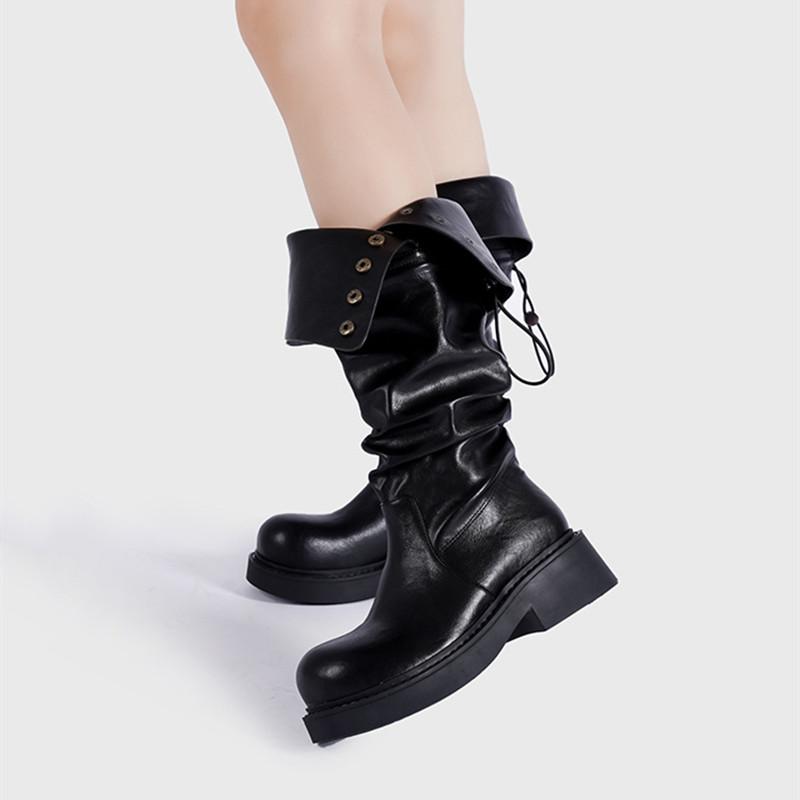 Autumn Winter Patent Leather Punk Gothic Platform Women Knee-high Boots Fashion Rivet Button Heeled Motorcycle Booties Shoes