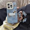 Cartoon Dog Embroidered Hard Phone Case IPhone 16 Pro Max 15 14 - Anti-Drop PC Cover In White Blue With Headphones Design
