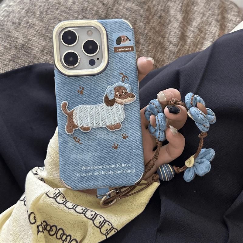 Cartoon Dog Embroidered Hard Phone Case IPhone 16 Pro Max 15 14 - Anti-Drop PC Cover In White Blue With Headphones Design