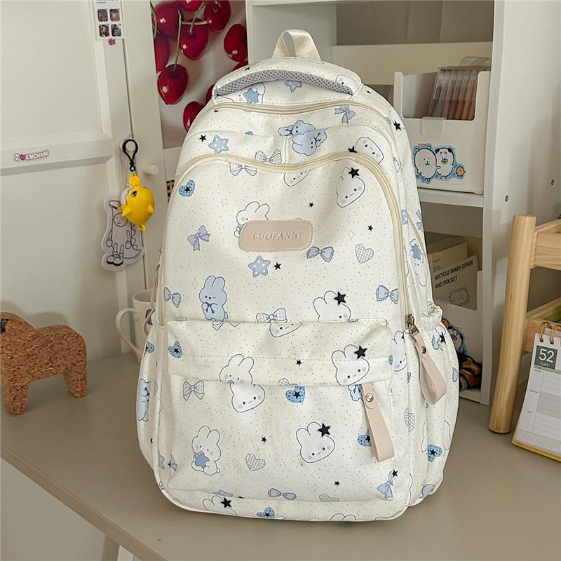 Cute Bear and Bow Print School Backpack with Multiple Front Pockets Casual Daypack for Girls