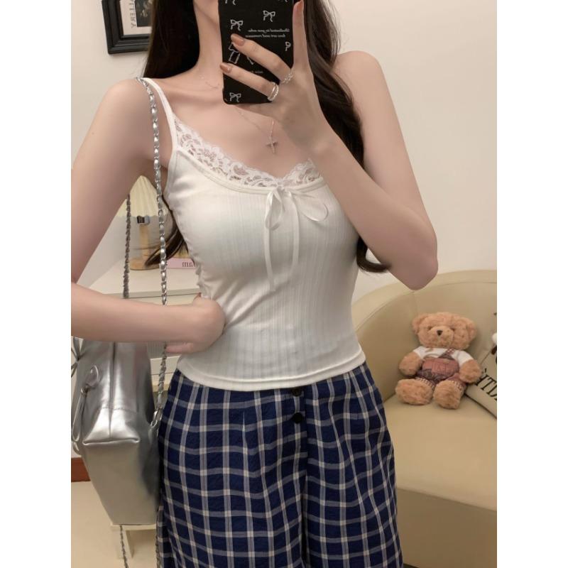 Pure Sexy Lace Splicing Pit Strap Tank Top Women with Chest Pad with Slim-fit Bottom Shirt