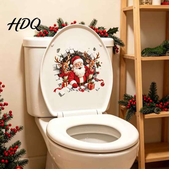 Santa Claus Bathroom Decor 3D Break Through Wall Reindeer Toilet Sticker, Self-Adhesive Christmas Realistic Stickers Decal, Waterproof Lid for