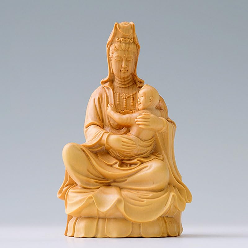 Dsdsad Wooden Buddha Statue, Seated Mother Kannon, Premium Boxwood Wood Carving (10cm Tall X 5.5cm Wide) "Prayer for Safe Childbirth, Guardian of