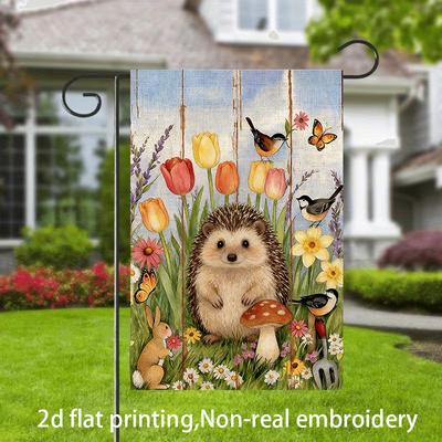 2D Flat, 1pc, 2D Flat Printing, Hedgehog and Bunny Garden Flag, Natural Vitality, Polyester Material, Multiple Sizes, Machine Washable and Durable for