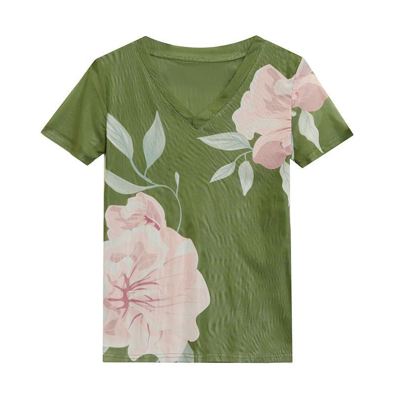 2024 European Summer Fashion: Floral Mesh V-Neck Slim Fit Short-Sleeve Top