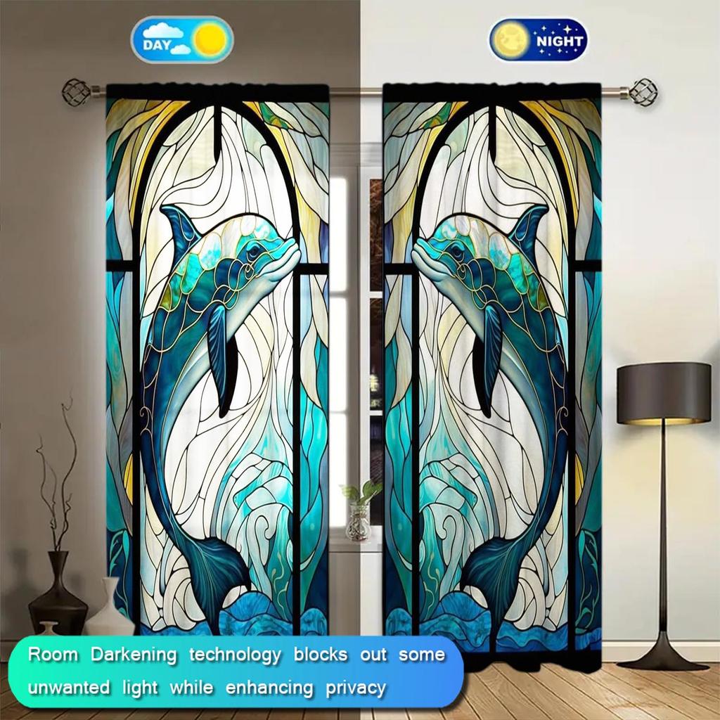 2-Panels Stained Glass Dolphin Decorative Curtains   Semi Transparent Without Lining   Durable Polyester Fiber Curtains
