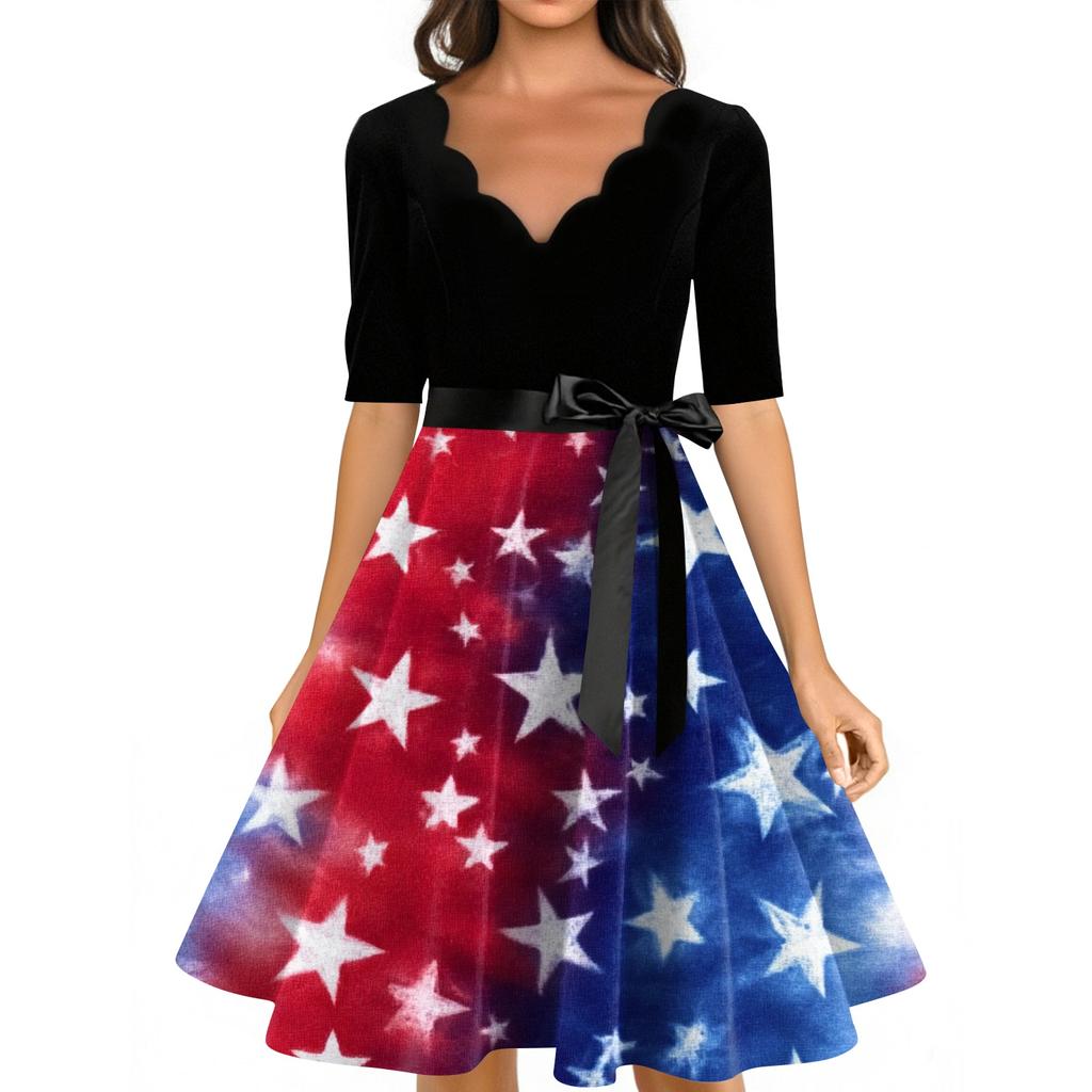 Women's Casual Fashion V-neck Retro Short-sleeved Dress With Flag Independence Day Print
