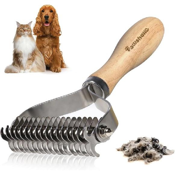 Undercoat Rake for Dogs - Professional Pet Shedding Dematting Comb with Wood Handle, Stainless Steel Blades for Pet Cats Dogs Matted Hair Tangles 2 Sides Dematting Comb