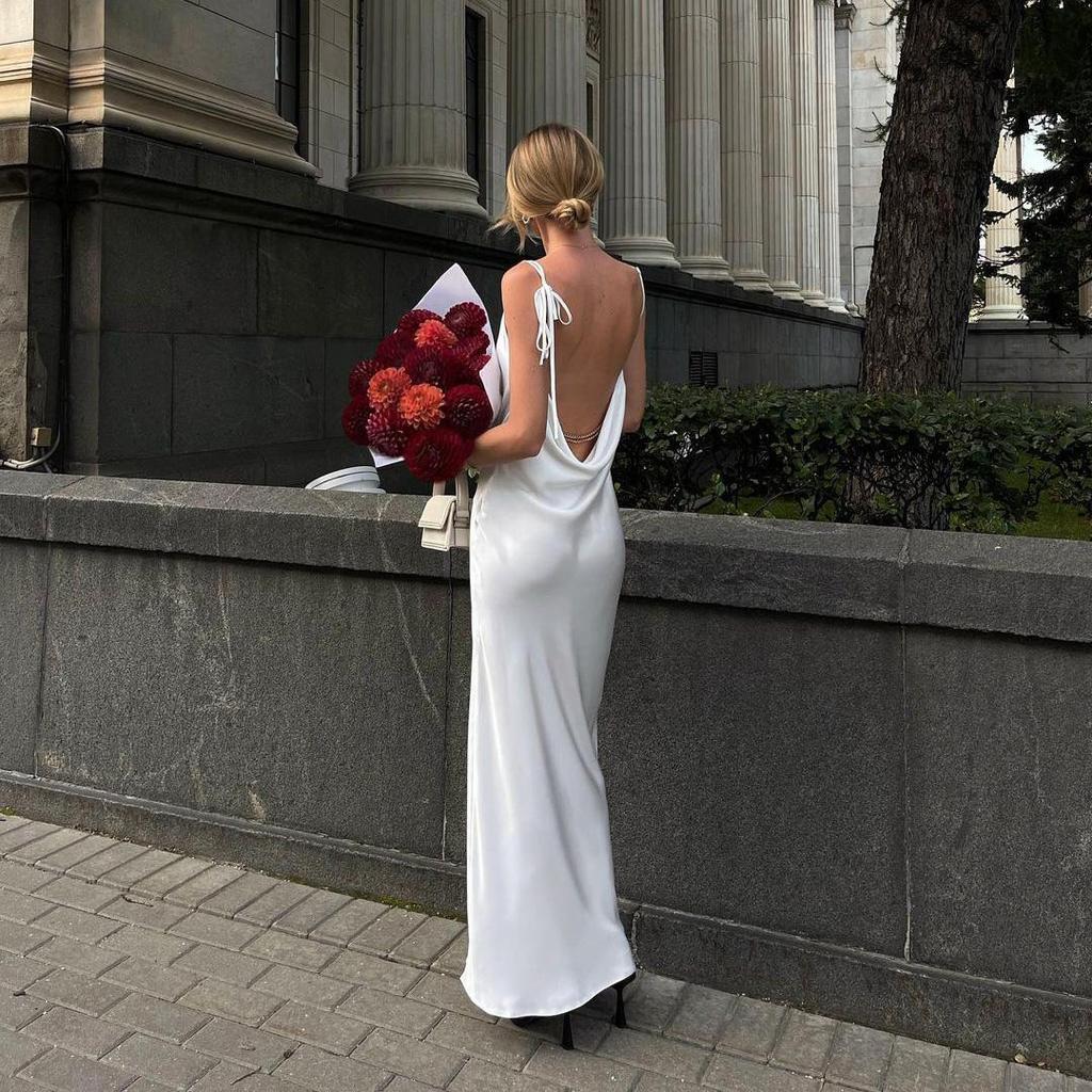 Women Sleeveless Solid Color Ankel-Length Slip Dress V-neck High Waist