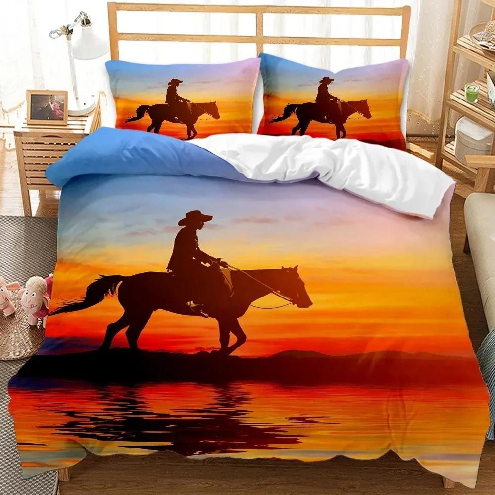 Western Cowboy Bedding Set Sunset Scenery Duvet Cover Bedroom Comforter Single Twin King Size Quilt Cover Home Textile 3PCS