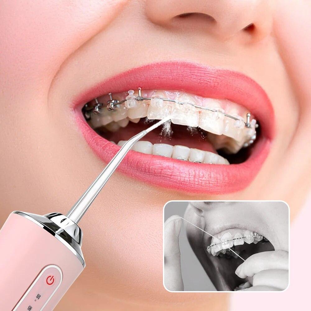 Munddusche, tragbare Dental-Wasserflosser, USB wiederaufladbar, Wasserstrahl, Zahnseide, Zahnstocher, 4 Düsenspitzen, 220 ml, 3 Modi, IPX7, 1400 U/min