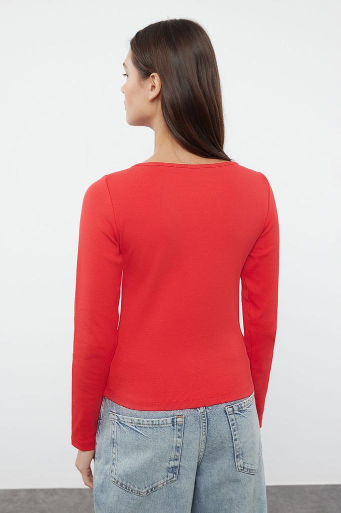 Women's Fashion Black Button Detailed Crew Neck Ribbed Flexible Regular Length Knitted Blouse