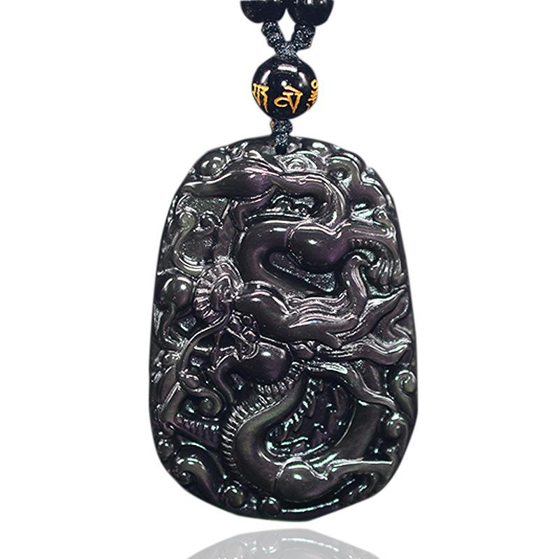 Genuine Obsidian Rainbow Eye Dragon Pendant Necklace for Men and Women - Zodiac Charm & Jade Birthday Gift