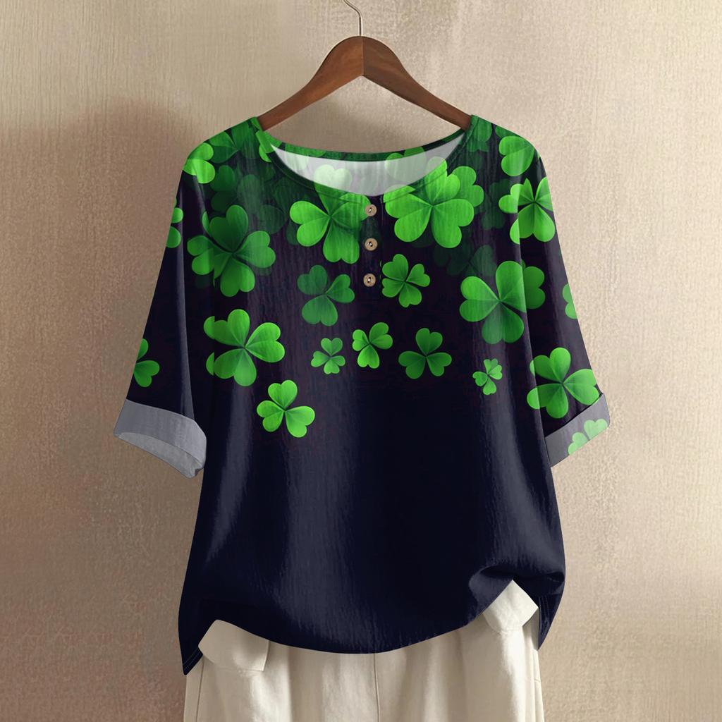 Women's Fashionable And Casual Shirt 3/4 Sleeve Round Neck Print Blouse Top