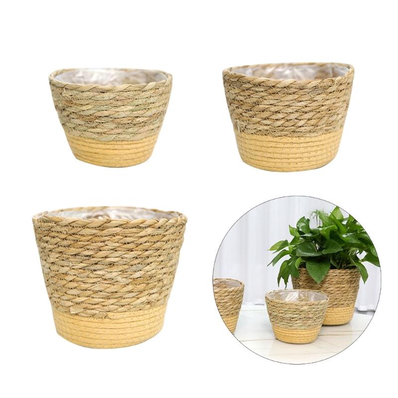 Straw Weaving Plant Pots Containers Hand Woven Plant Pots Cover Leak-Proof Garden Pots Container for Indoor Outdoor Garden