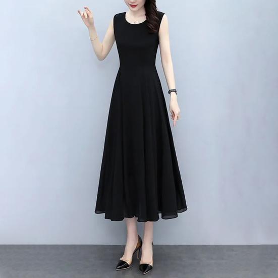 Women Sleeveless Midi Dress Summer Crew Neck Flowy Long Dress Beach Casual Pleated Swing Tank Dress