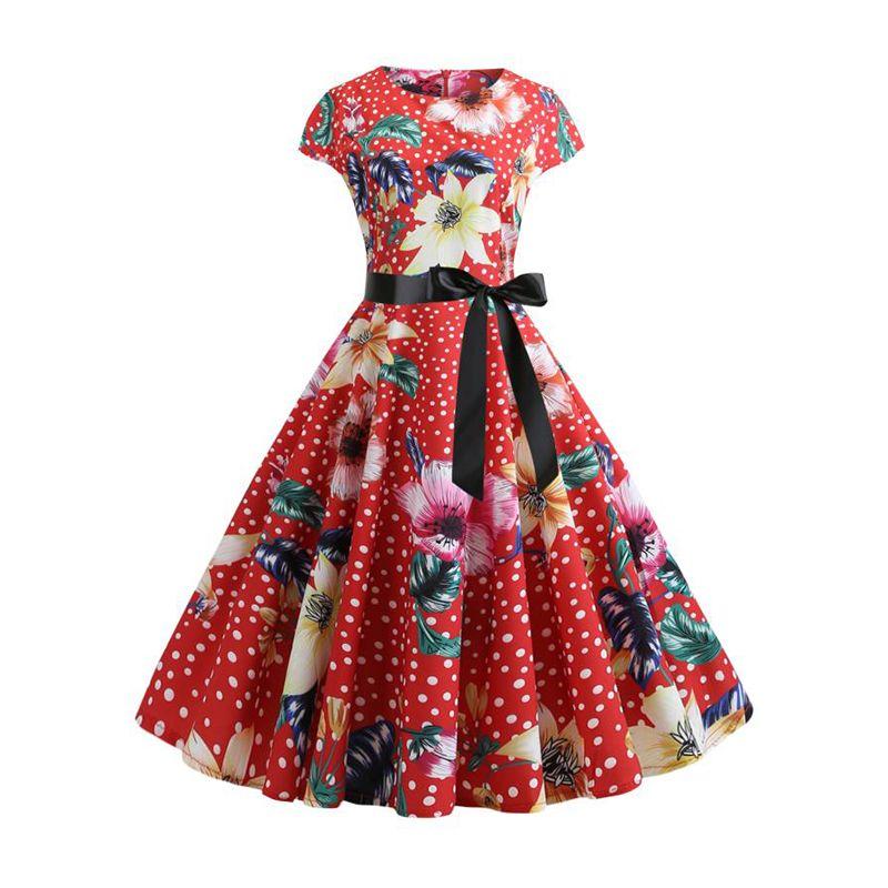 

Women s Retro Big Swing Belt Short Sleeve Dress Picture Color 2XL