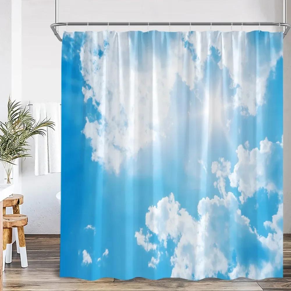 Blue sky natural shower curtain white clouds bathroom decorative shower curtain with hook polyester home decoration bathtub