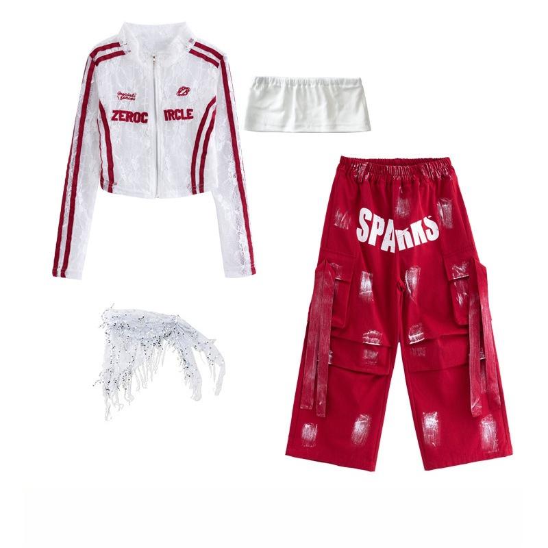 Girls Hip Hop Mesh Crop Jacket Paint-Speckled Cargo Pants Costumes Kids Streetwear Children Jazz Girl Group K-pop Clothes Sets