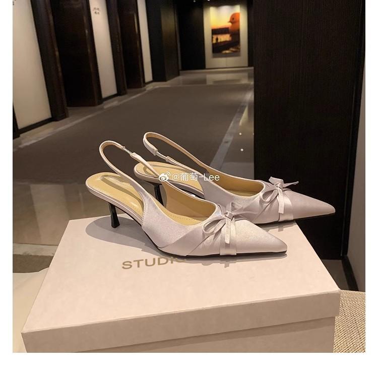 Sheepskin Version of the Same Style, Stiletto Heel, Satin Surface, Bow, Bag Head, Pointed Head, Empty Single Shoes, Women's Sandals, New Spring 
