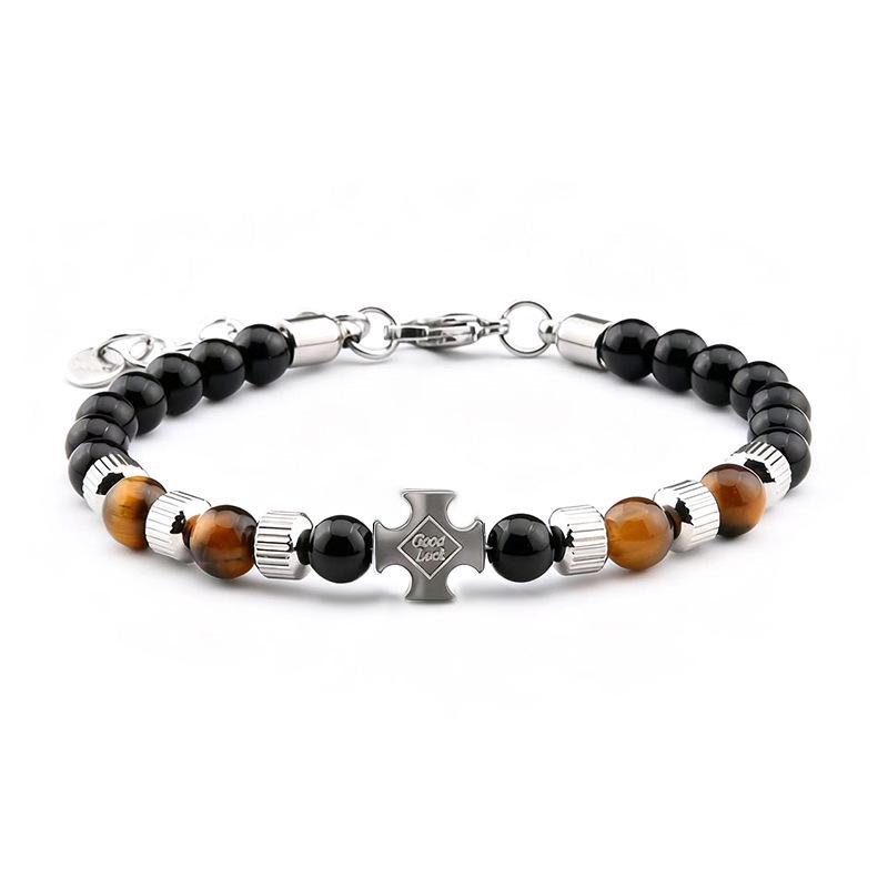Men's European 6mm Stainless Steel Bracelet with Tiger Eye and Black Obsidian Stones