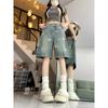 American Retro Washed Star Denim Shorts for Women Summer Street Straight Loose Wide Leg Five-quarter Pants
