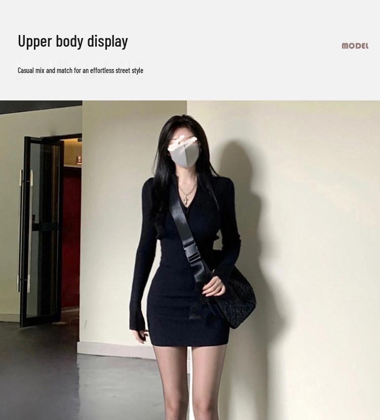 Women's Black Slim-Fit Dress with Coat - 2026 Autumn/Winter High-End Cinched Waist Little Black Dress