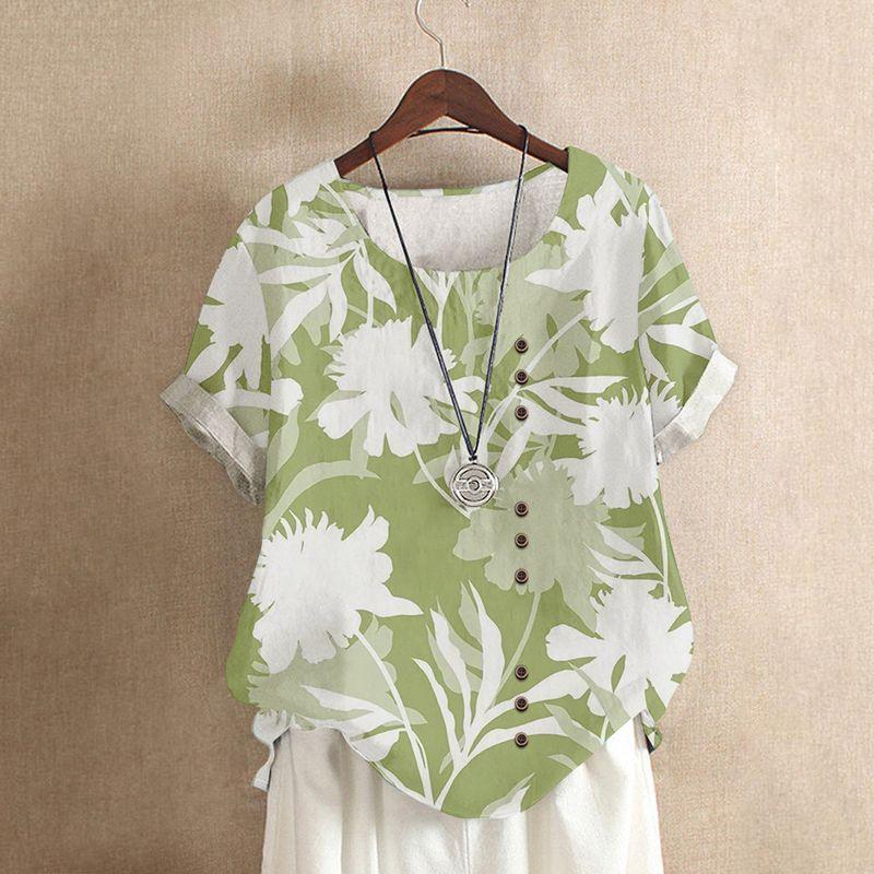 

Retro Plant Print Pullover Loose Shirt Artsy Light green white flowers 4XL