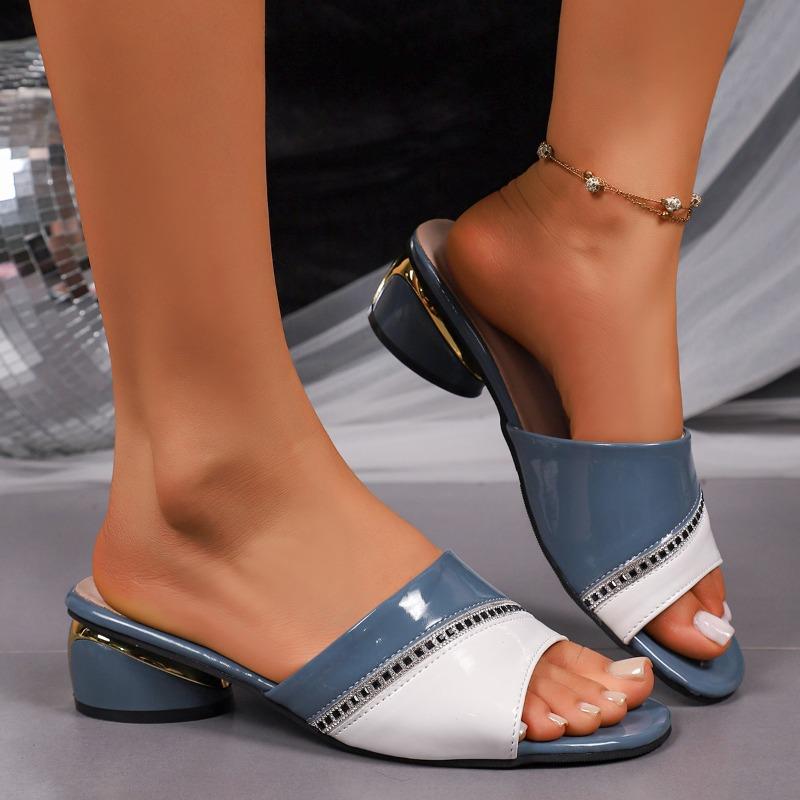 Fashion Fashion Slippers Square Toe Open Toe Rhinestone Color Block Block Heel Anti-Slip Wear-Resistant Low Heel Shoes
