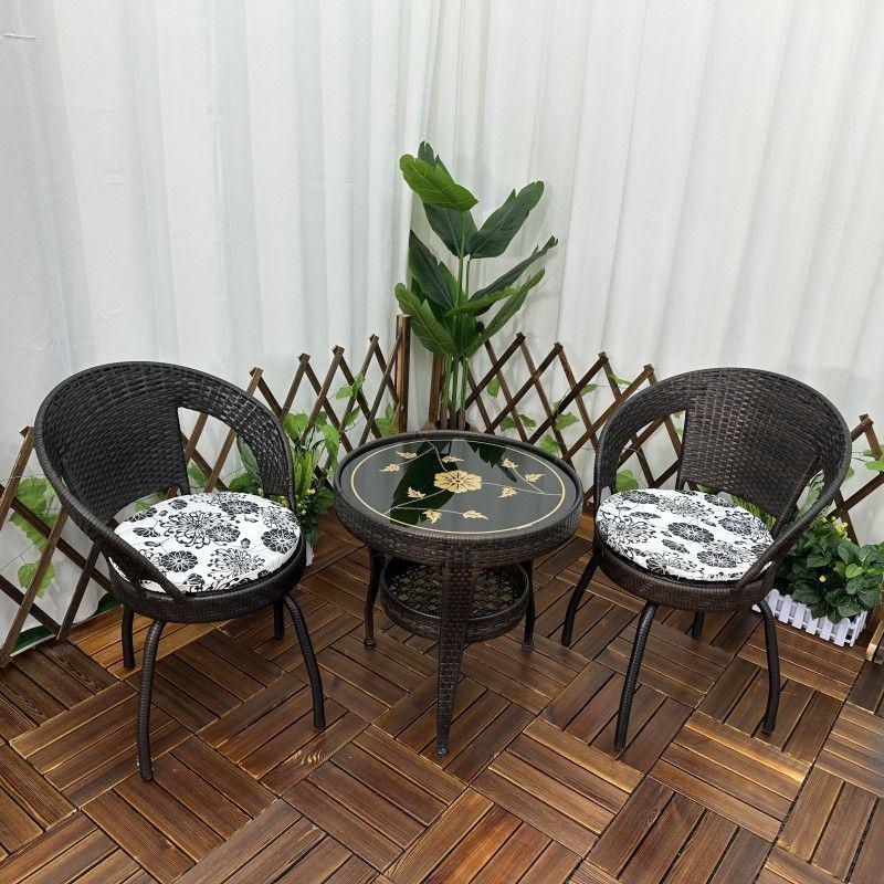 Three-Piece Chinese Style Rattan Table and Chair Set - Indoor Balcony Swivel Chair, Durable Round Five-Piece Swivel Design