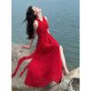 French Red Neck Sling Dress for Children's Summer New Popular Seaside Vacation High-end Long Dress