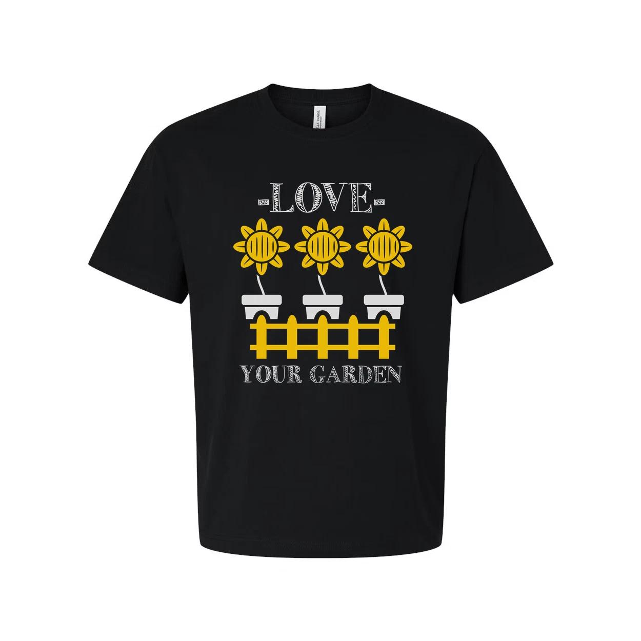 

Sunflower Garden Tee With Potted Flowers And Fence Design XL