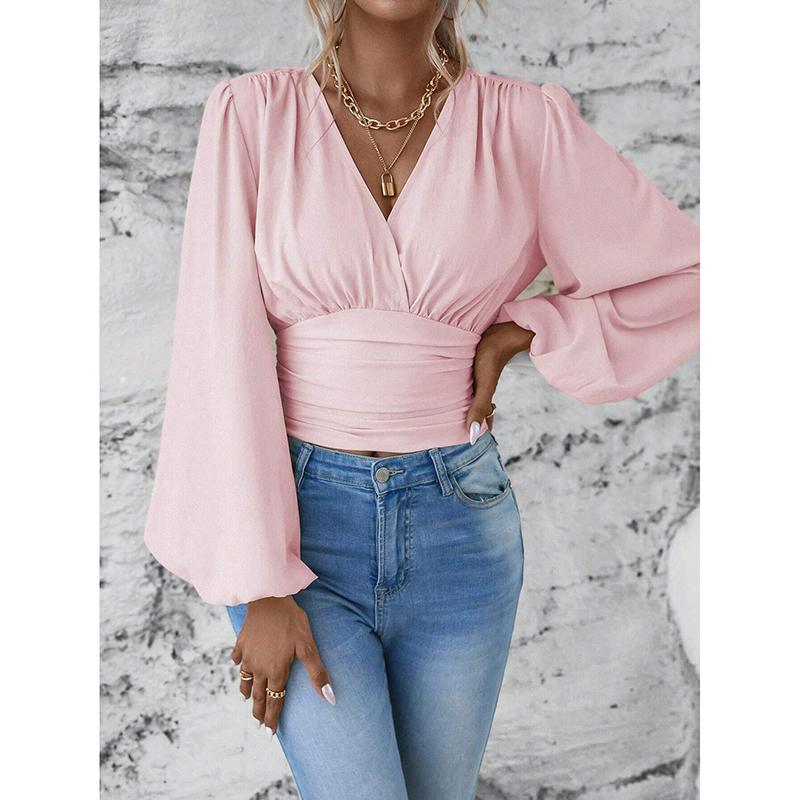 Wiosna Jesień Casualowy Damski Top Modny Kolekcja Talii Seksowny Dekolt V Rękaw Torba Jednolity Kolor Zmarszczony Top z Długim Rękawem