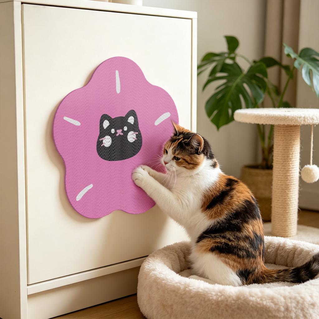 Flower Shape Cat Scratcher Pad Corrugated Cardboard Wall Mounted Cat Scratch Board with Cat Pattern for Indoor Cats