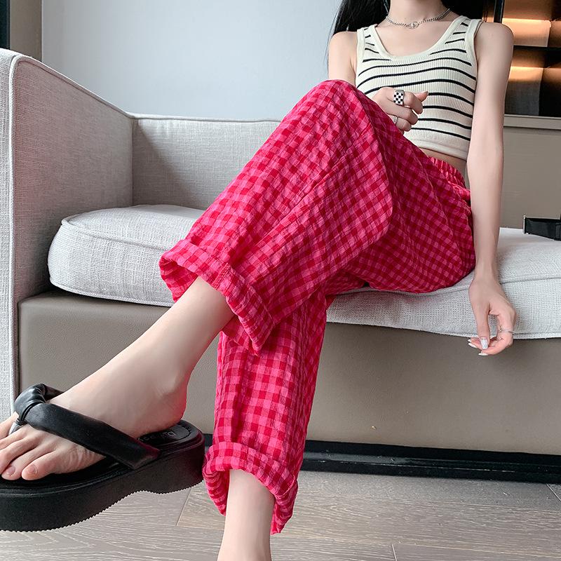 Women s Pink Plaid Casual Cotton Linen Pants - Lightweight, Loose-Fit, Age-Reducing, Summer 2026 Styles Small