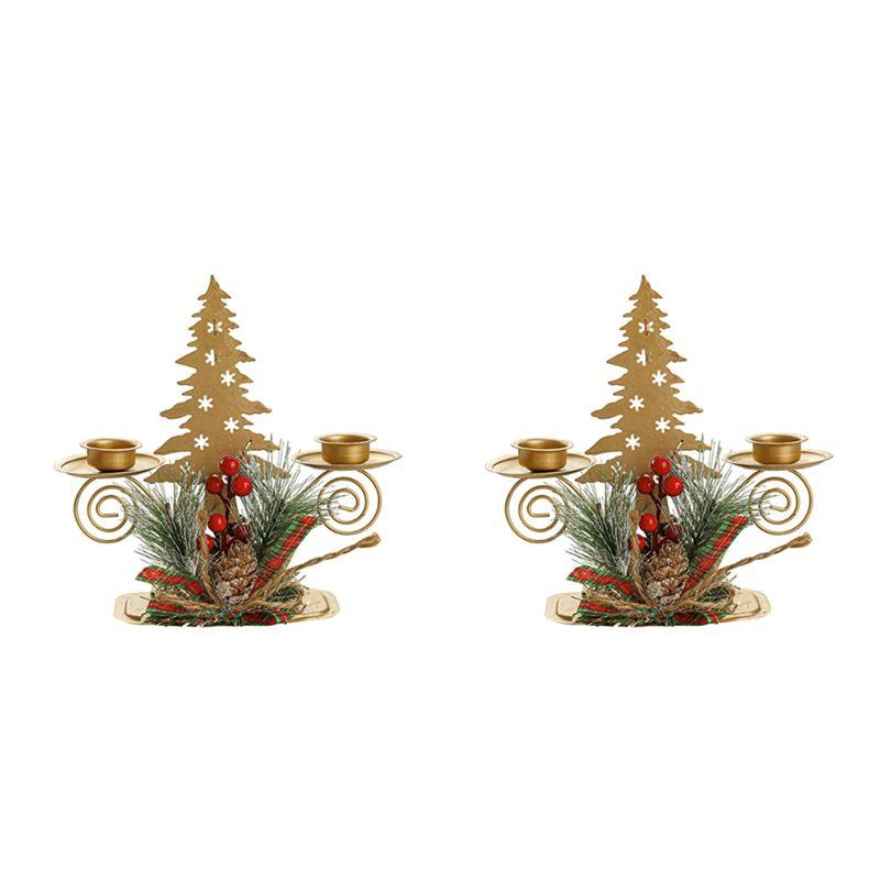

AEE2-2PCS Gold Christmas Tree Pillar Candle Holder With Berry & Pine Nut Candle Holder For Holiday Desktop Decor Metal Decor