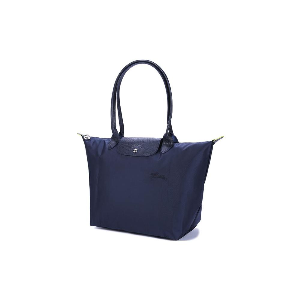 Longchamp Le Pliage Green Logo Ricamato del Marchio Tela e Pelle Borsa a Mano a Spalla Grande Borse da Donna Blu Navy 1899919P68