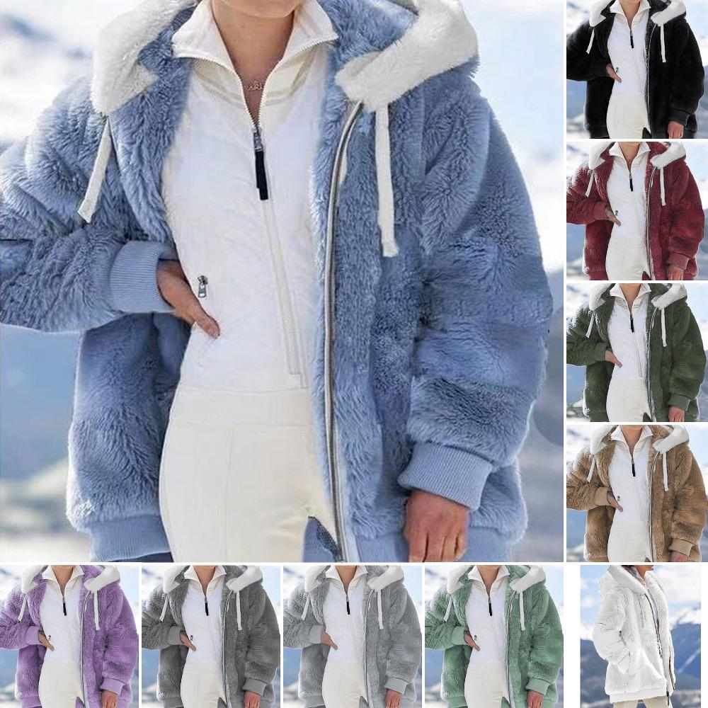 Women's Hooded Long Sleeve Zip Up Fleece Jacket Casual Loose Warm Winter Coat