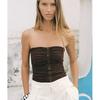 Summer Women's Strapless Straight Collar Decorated Row Button Linen Blend Ruched Corset Style Tops 8372074