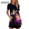 2026 New Summer 3d Peacock Pattern Loose A-line Round Neck Dress Casual Beach Party Short-sleeved Dress