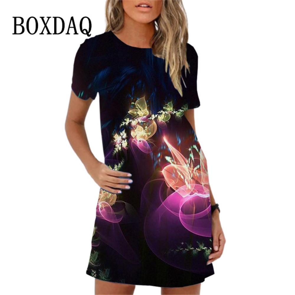 2026 New Summer 3d Peacock Pattern Loose A-line Round Neck Dress Casual Beach Party Short-sleeved Dress