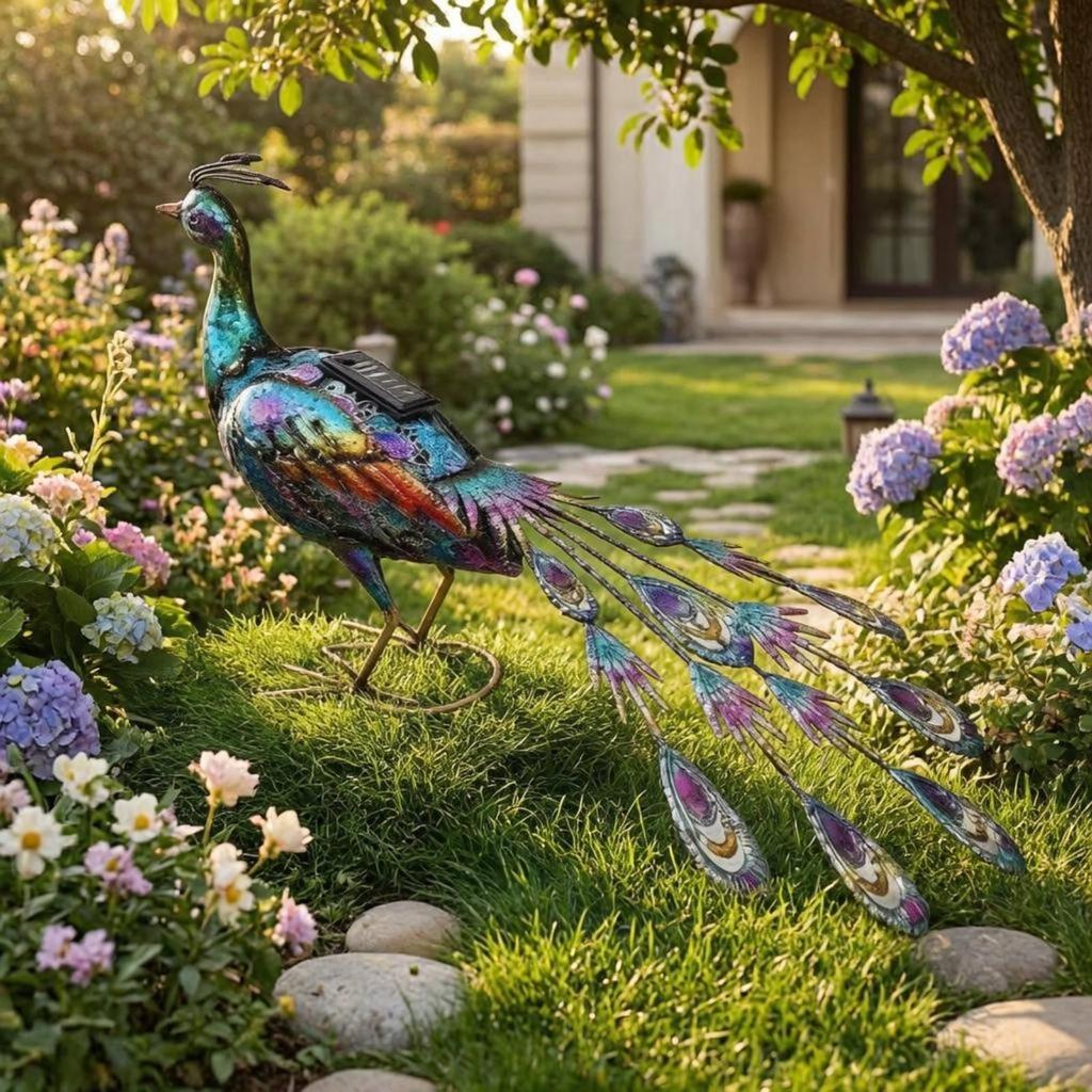 Solar Peacock Statue Hued Yard Light Lighted for Balcony