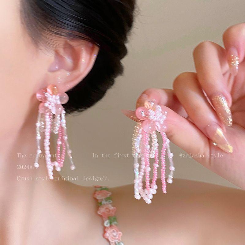 

Niche Style Colored Glaze Beaded Women s Summer Square round Face Little Flower Pink flowers (silver needles)