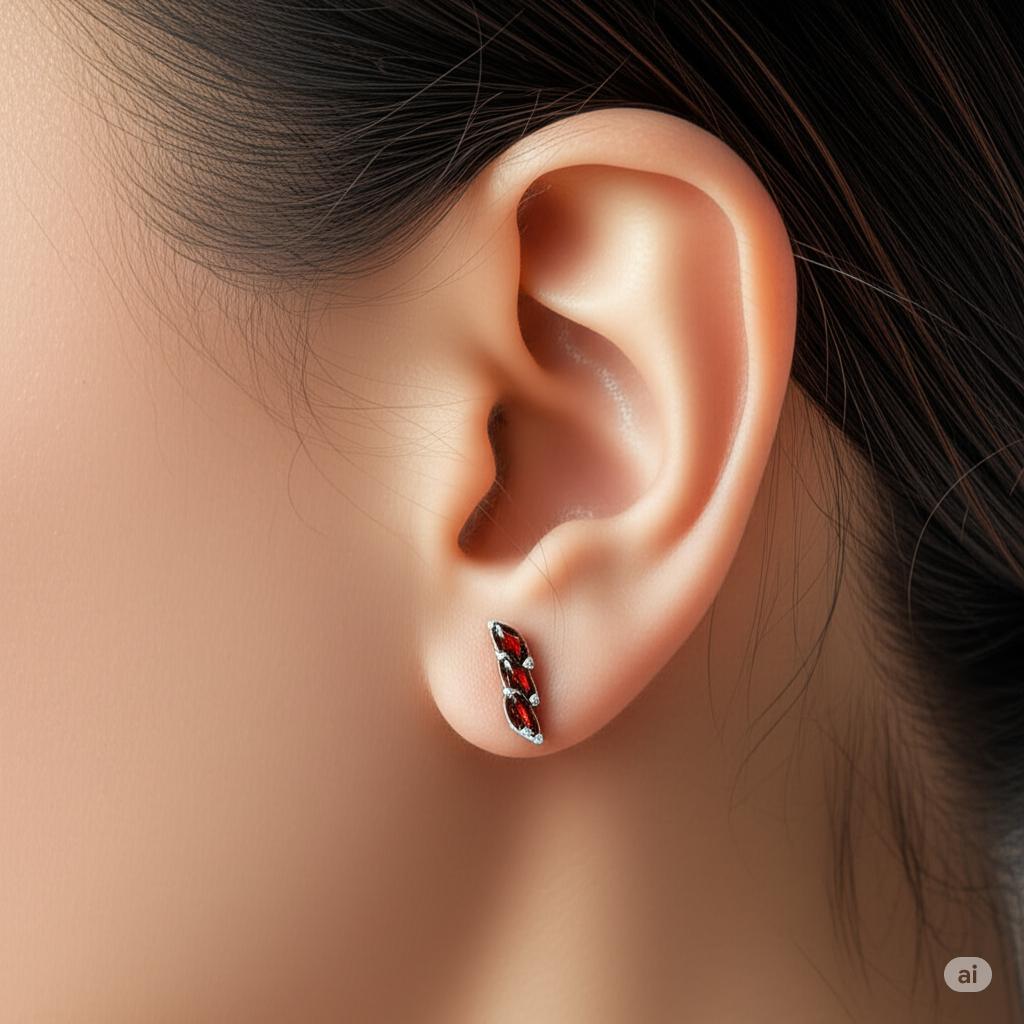Natural Garnet Marquise Stud Earrings | 925 Sterling Silver Leaf Climber Studs | Red Gemstone Jewelry Gift for Women