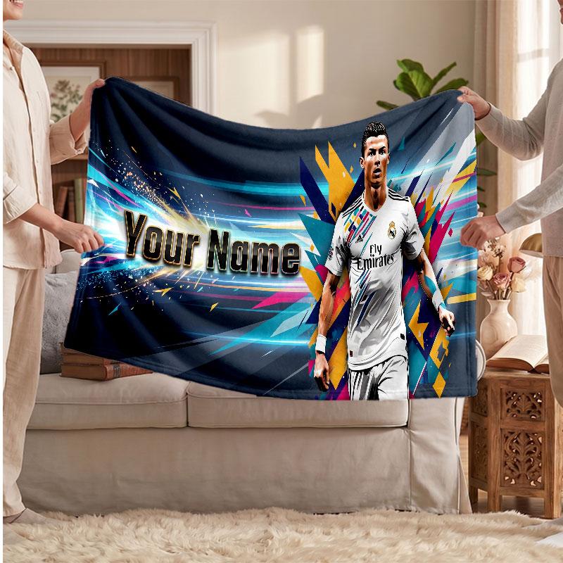 Coperta Personalizzata in Pile Cristiano Ronaldo con Logo Calcio, Testo Nome Personalizzato Morbida Calda Coperta da Divano per la Casa