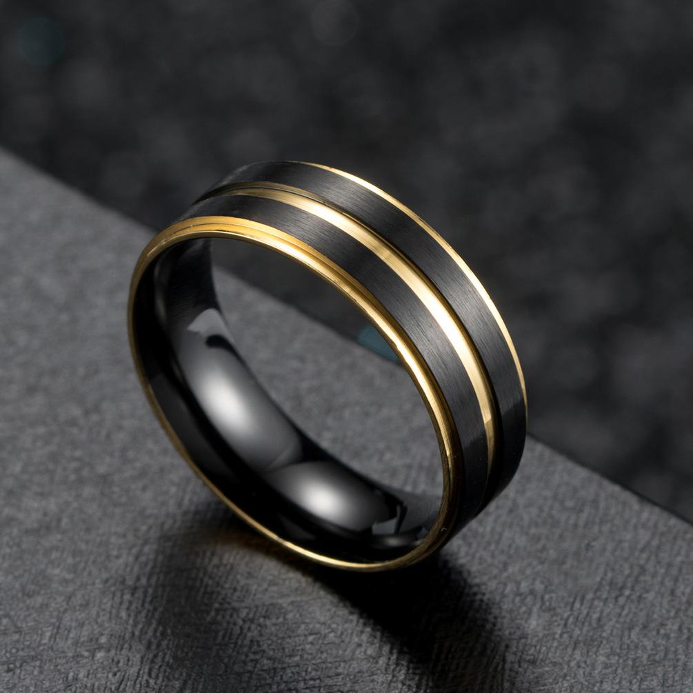 Inel Bărbați din Oțel Titan Bicolor cu Canelură Nisip Negru Spațial Inel Șapte Culori La Modă și Trendy