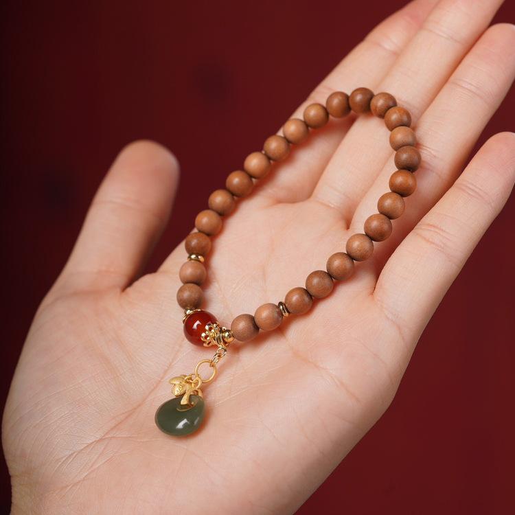 India Sandalwood 0.6 Round Buddhist Bead Bracelet with Hetian Jade Pendant